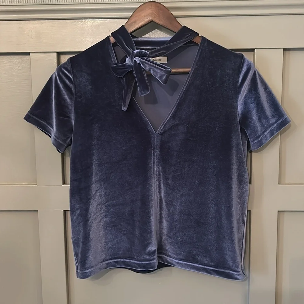 Madewell Velvet Tie Neck Top Nightfall Blue Size Small